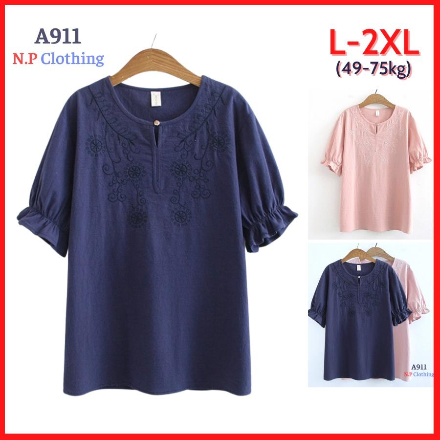 Áo Trung Niên Nữ A911, Mẫu Áo Sơ Mi Thêu Tay Phồng Cổ Tròn Form Rộng Thanh Lịch Bigsize | Thời Trang Trung Niên