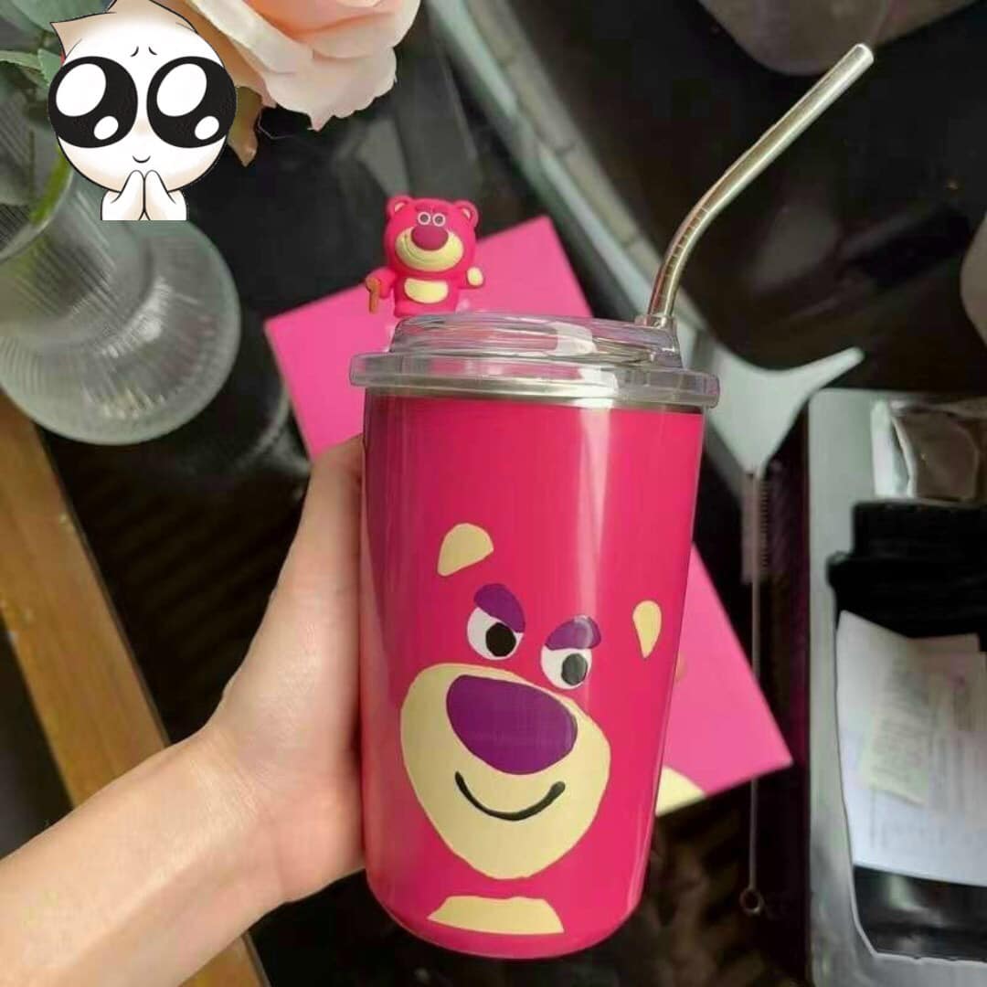 CỐC GIỮ NHIỆT HÌNH GẤU LOSTO MÀU HỒNG DỄ THƯƠNG - DUNG TÍCH 600ML, KÈM ỐNG HÚT VÀ STICK NỔI