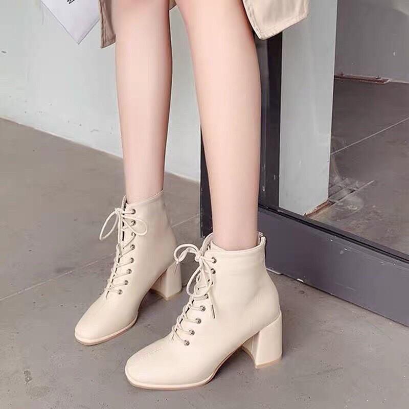Bốt nữ cao gót, khóa sau mix dây buộc style xứ Hàn - Thời Trang PKT