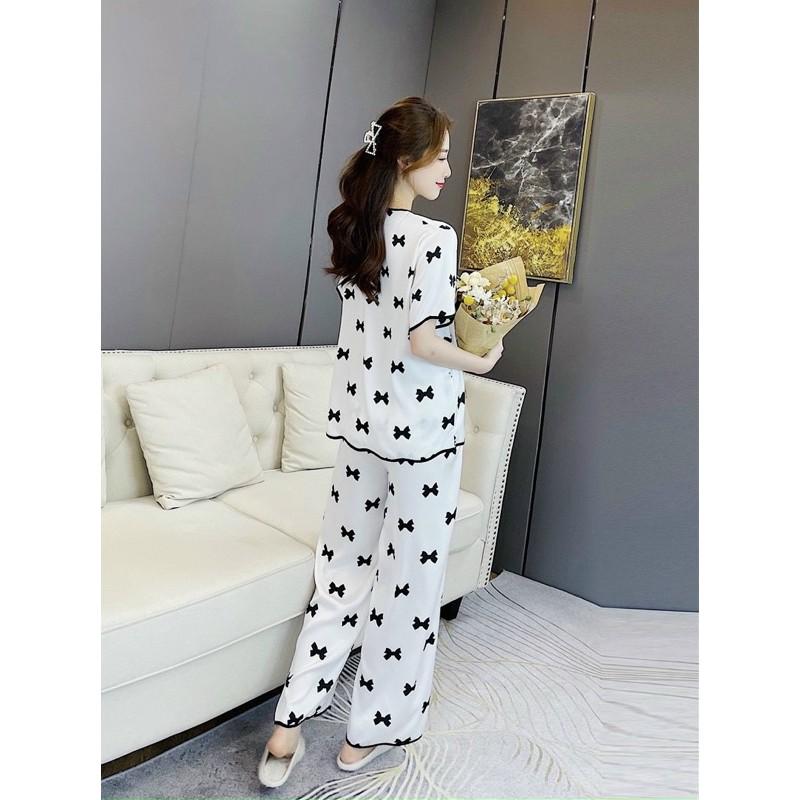BỘ LỤA CỘC TAY QUẦN DÀI HOẠ TIẾT VIỀN ĐEN XINH