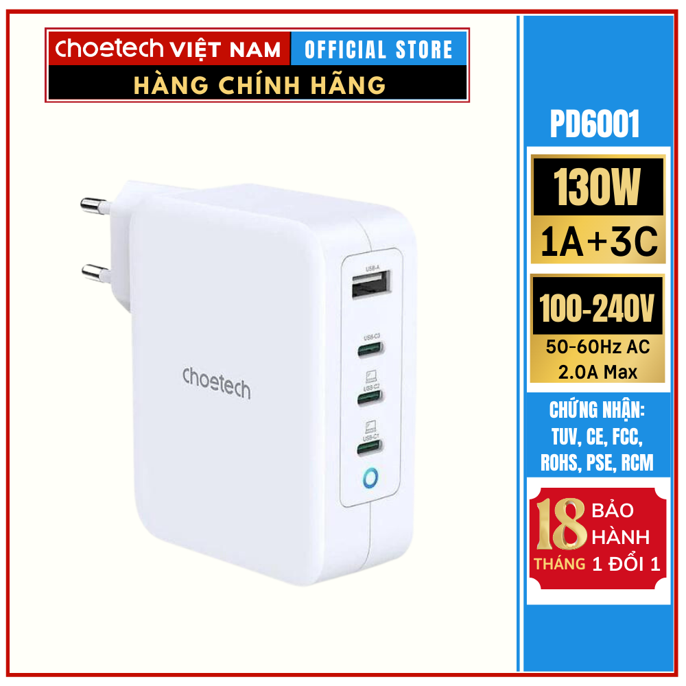 Bộ sạc đầu ra 130W 1A+3C (US/EU/UK/AU) Choetech mã PD6001-EU ( HÀNG CHÍNH HÃNG)