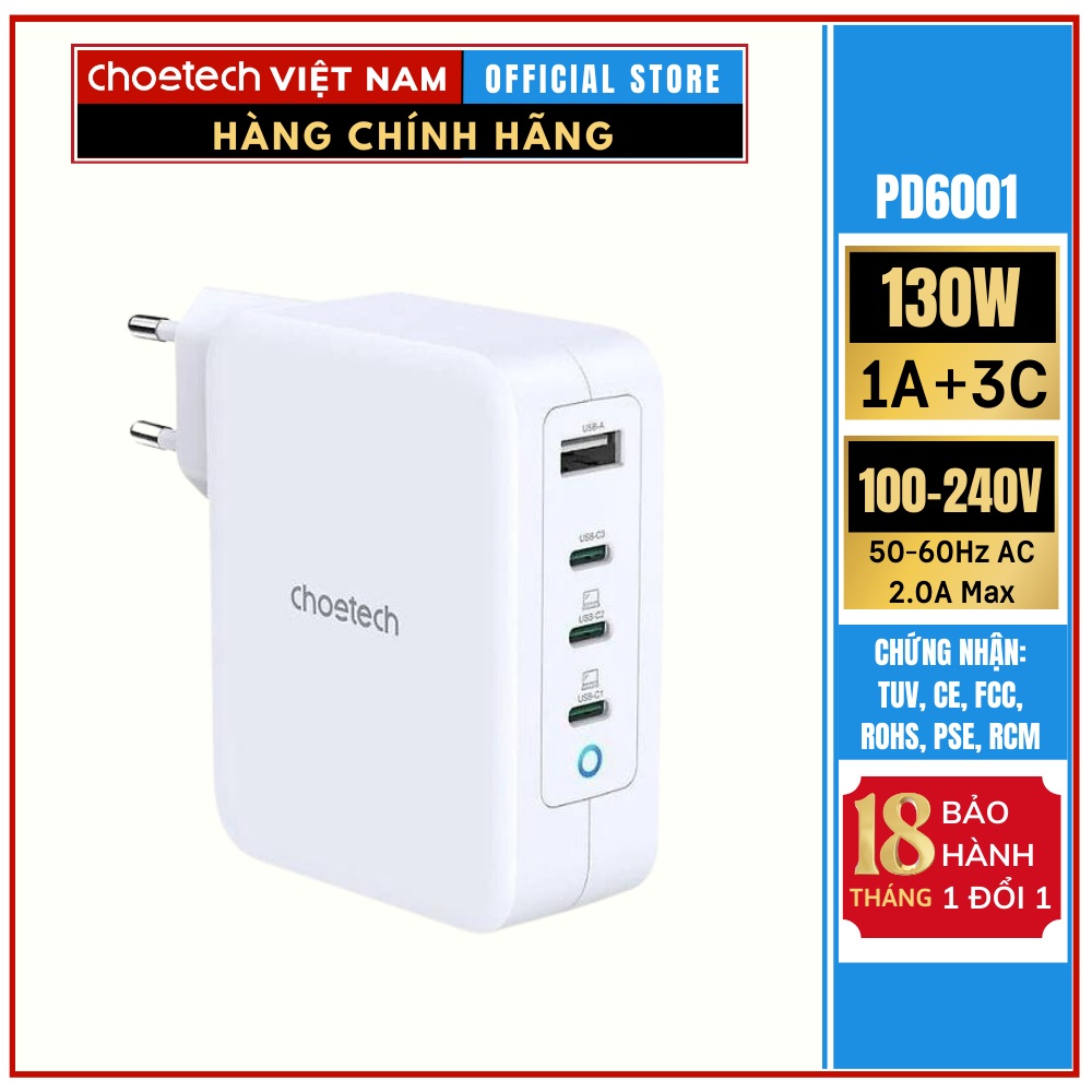 Củ sạc siêu nhanh 130w Choetech PD6001- Hàng chính hãng