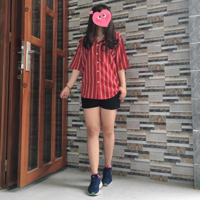 Áo Sơ mi oversize đỏ 2 sọc trắng - tay ngắn