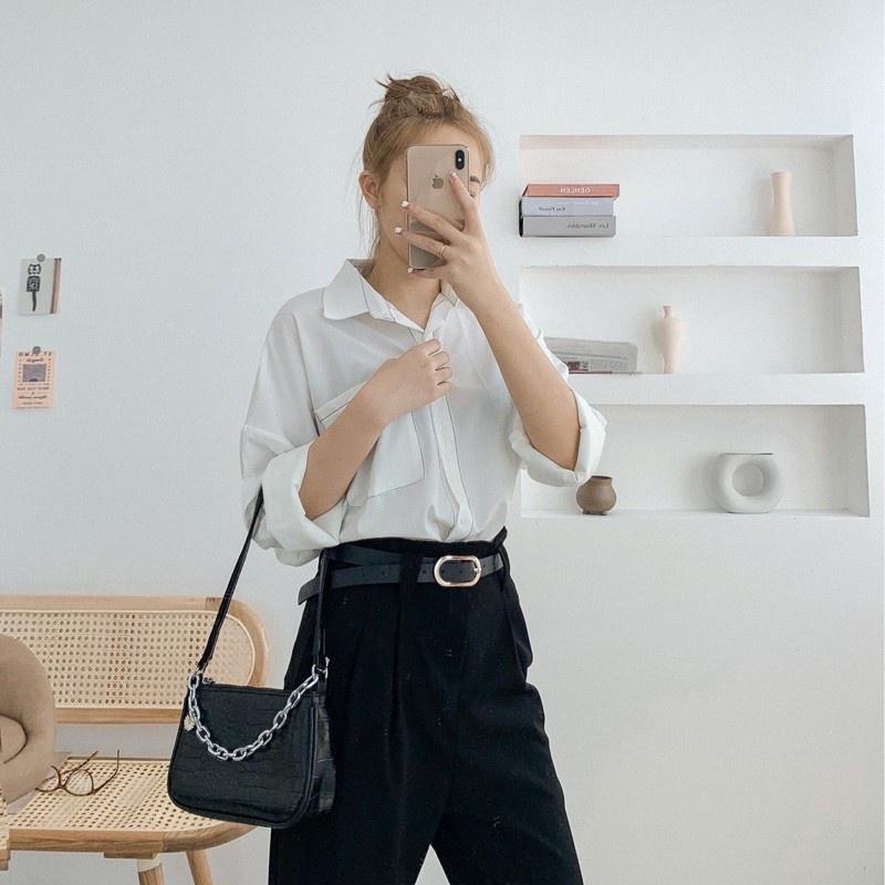 Áo Sơ Mi Nữ Chỉ Nổi Chạy Viền Chất Lụa