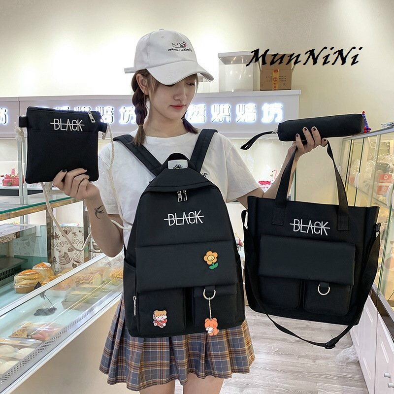 Balo nữ combo 4 món đi học thời trang Cặp- Balo sinh viên học sinh đa năng mèo đọc sách cute ulzzang Back in hình sticker