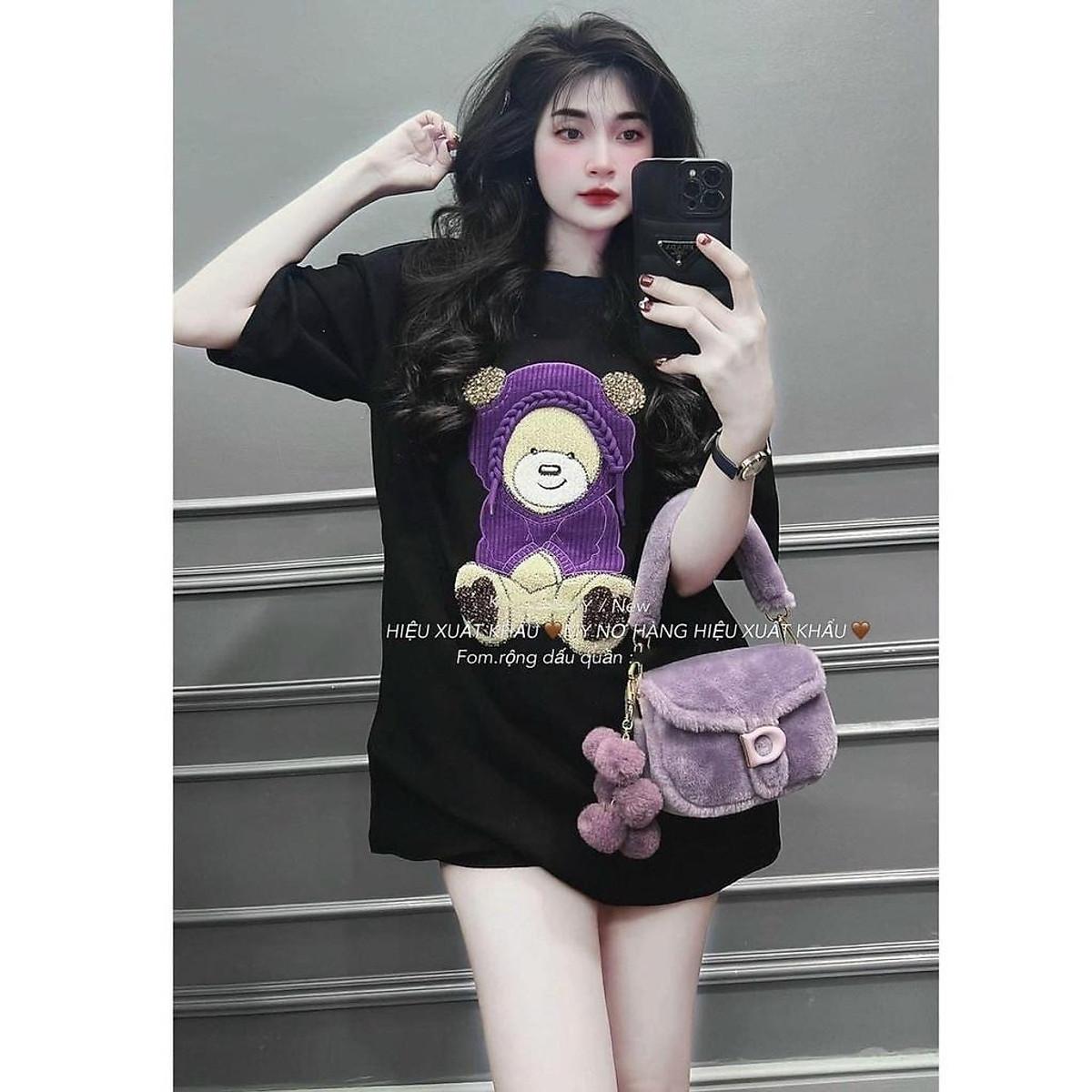 Áo phông nữ freesize cotton khô in hình gấu dáng dài giấu quần HEFS012