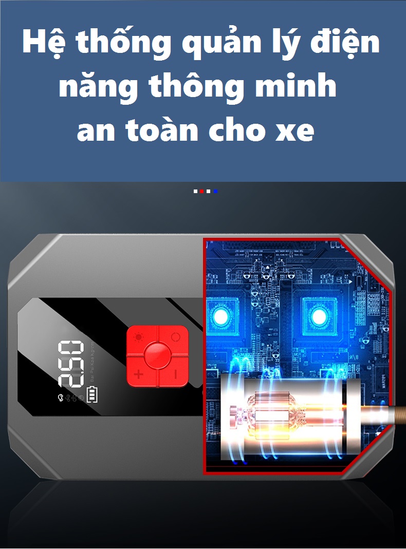 Bơm Lốp Điện Tử Cao Cấp Tích Hợp Kích Bình Đề Nổ Ô Tô Dung Lượng Khủng 69800mA , Dòng Điện Cực Đại 6000A ,Cứu Hộ Xe Hơi Kiêm Sạc Dự Phòng, Đèn Led SOS