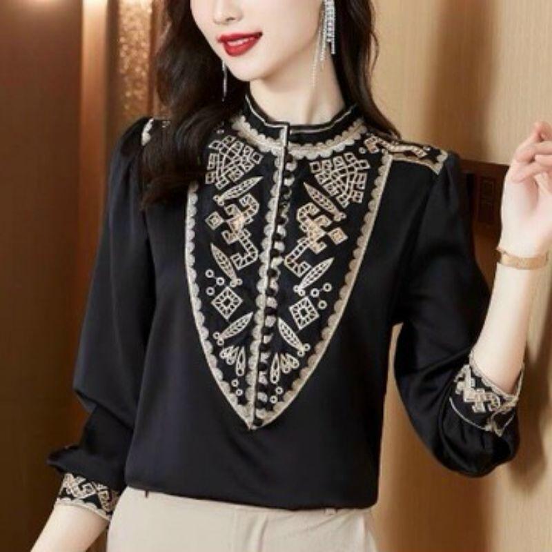 ÁO SƠ MI LỤA NÚT BỌC CỔ TRỤ