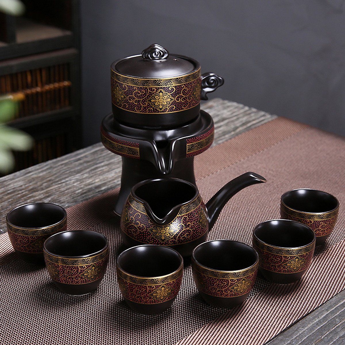 Bộ ấm chén pha trà cối xay sm008- Đỏ đen vàng 9 món - bộ ấm trà cao cấp
