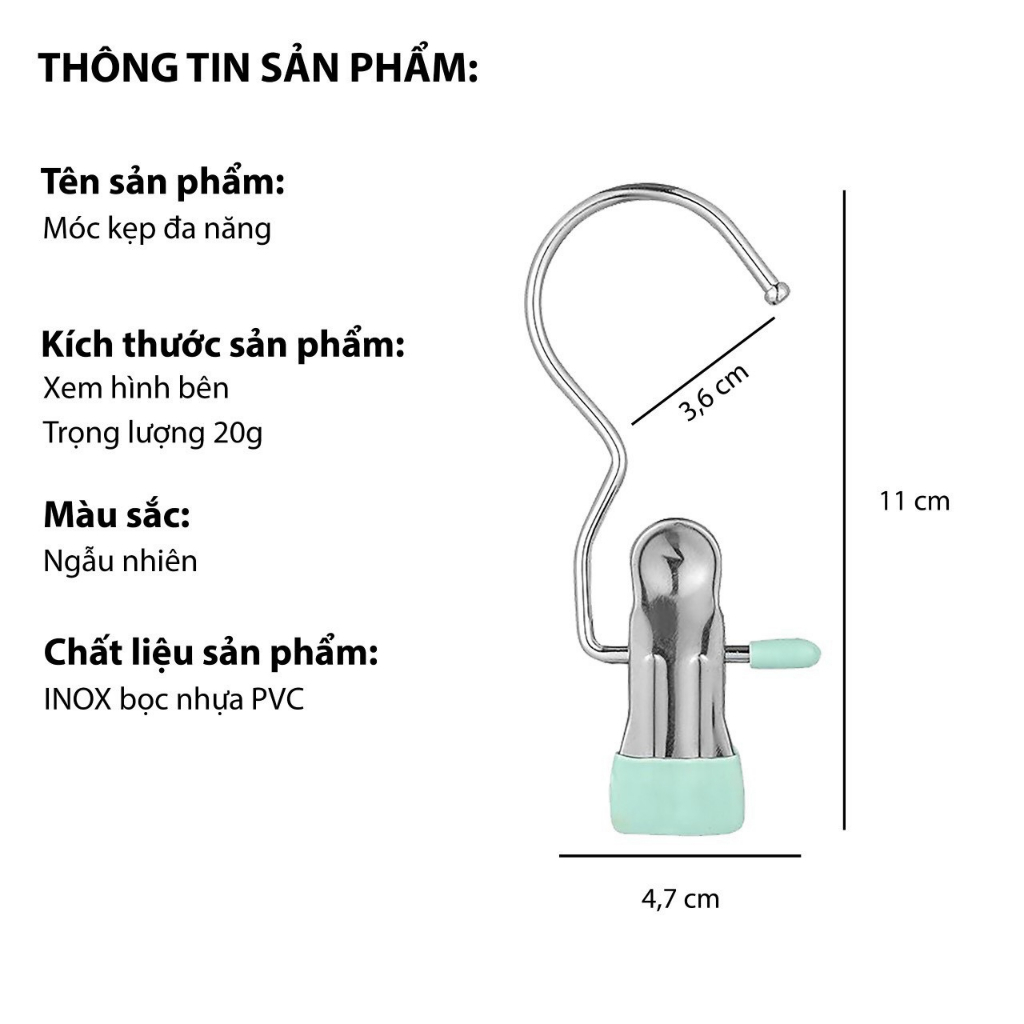 Móc Kẹp Đơn Chất Liệu Thép Không Gỉ, Móc Treo Đa Năng Cần Thiết Trong Mọi Gia Đình Treo Quần Áo, Mũ, Nón ,Tất, Vớ Chống Gió Thổi Bay Đa Năng Bằng Inox Bọc Nhựa - Màu Ngẫu Nhiên