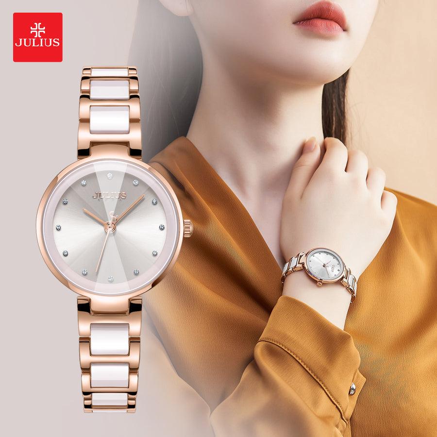 Đồng Hồ Nữ Chính Hãng Julius Cao Cấp Dây Thép Kim Loại Chống Nước Kính Khoáng Đường Kính 30mm JA-1209