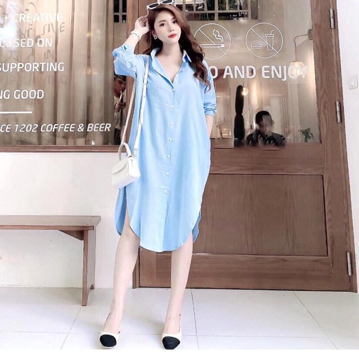 Đầm sơ mi đũi dáng suông trẻ trung, thời trang trẻ, phong cách Hàn Quốc