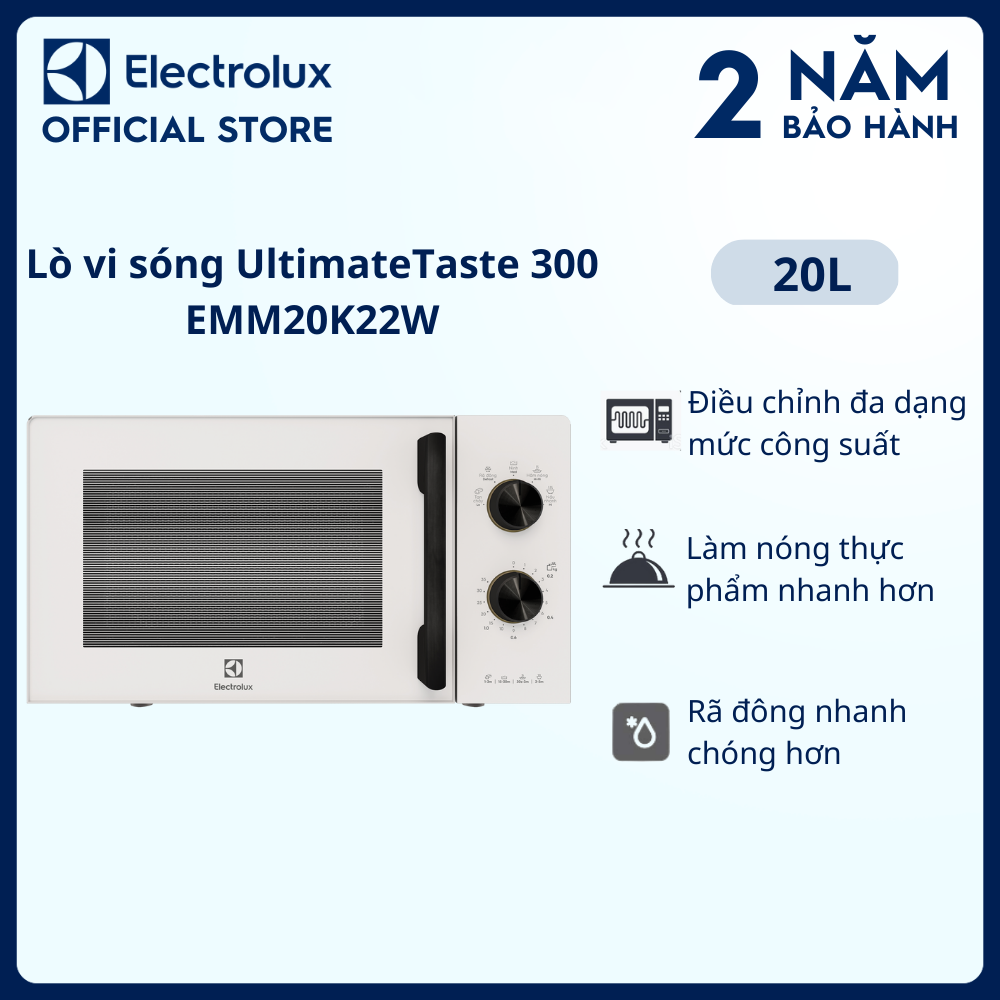 Lò vi sóng để bàn Electrolux UltimateTaste 300 20L - EMM20K22W - Chương trình cài sẵn tiện lợi, công suất lớn, hâm nóng nhanh hơn [Hàng chính hãng]