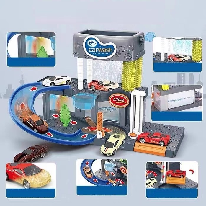 Ô tô đồ chơi mô hình trạm rửa xe kèm 3 xe mini kim loại đổi màu khi gặp nước cho bé trai, quà tặng sinh nhật cho bé