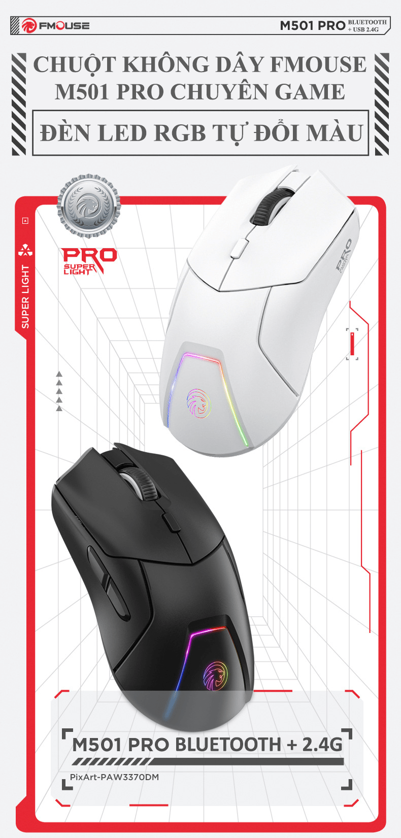 Chuột không dây FMOUSE M501 PRO kết nối bằng Bluetooth và chip USB 2.4G có đèn led tự động đổi màu với độ DPI lên đến 4000 - HN