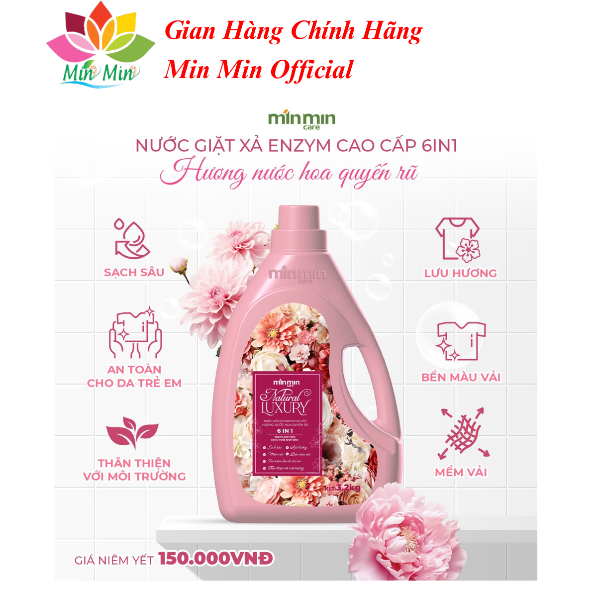 Combo 2 Can Nước Giặt Min Min Natural Laxury Giặt Tay, Giặt Máy Bền Đẹp Bền Màu Hương Nước Hoa 3.2Kg