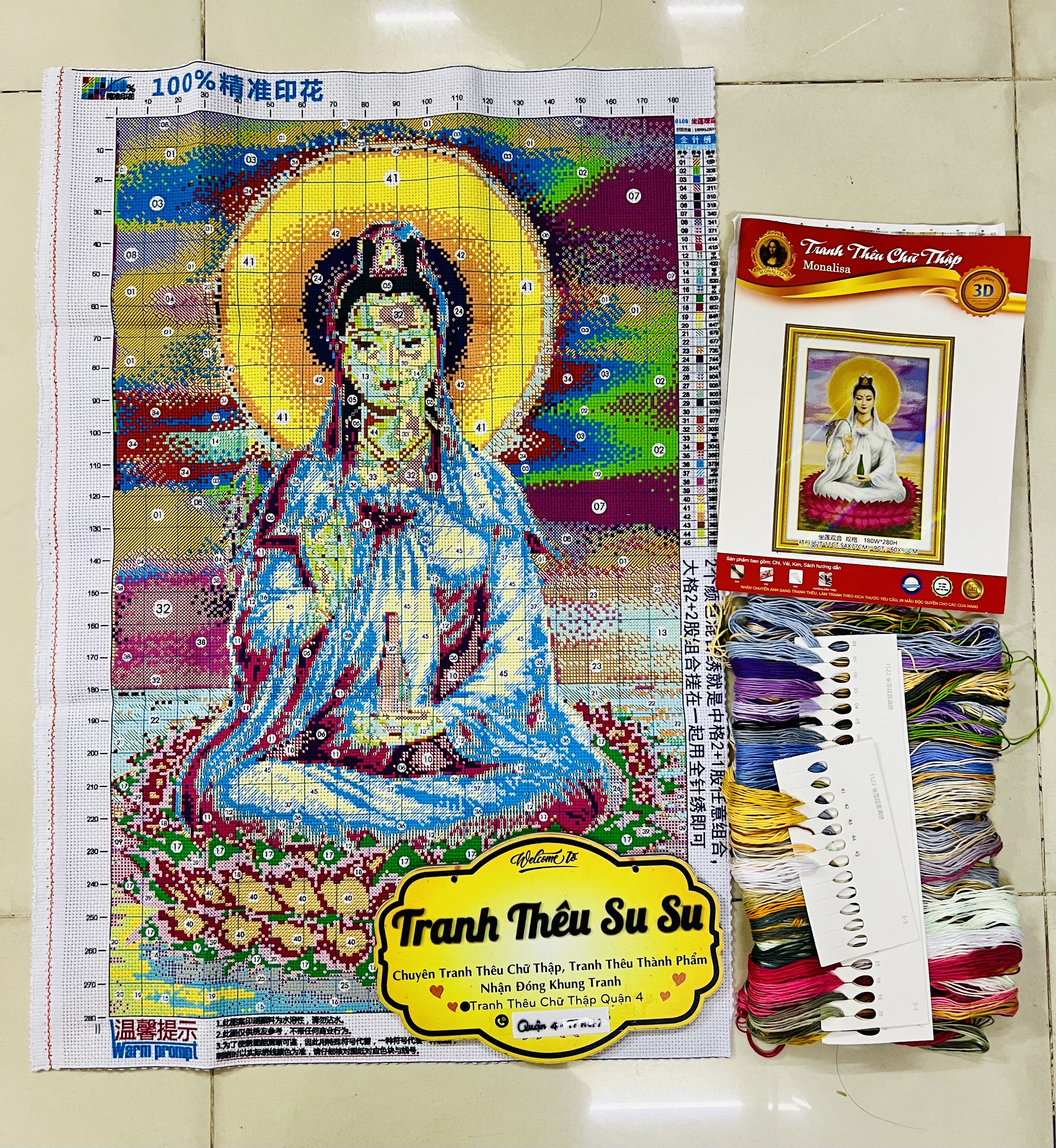 Tranh thêu chữ thập Quan âm ban phước 247, kích thước 54 x77 cm