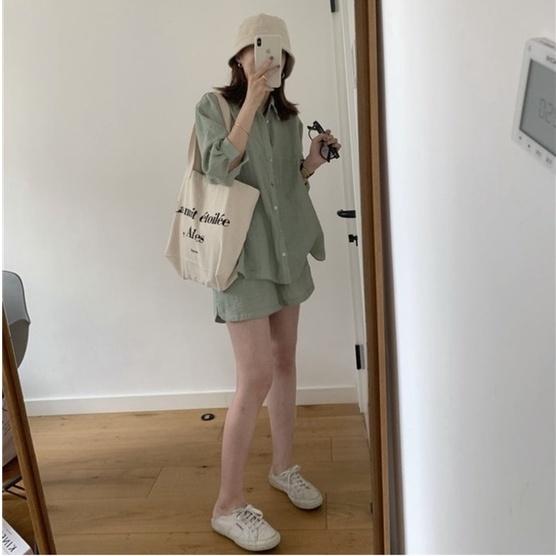 Set sơ mi xanh quần đùi s019