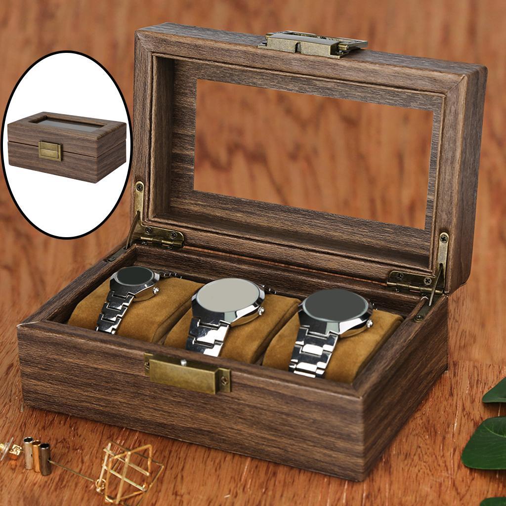 Vintage Watch Box Wood Display Case Organizer Glass Jewelry Storage