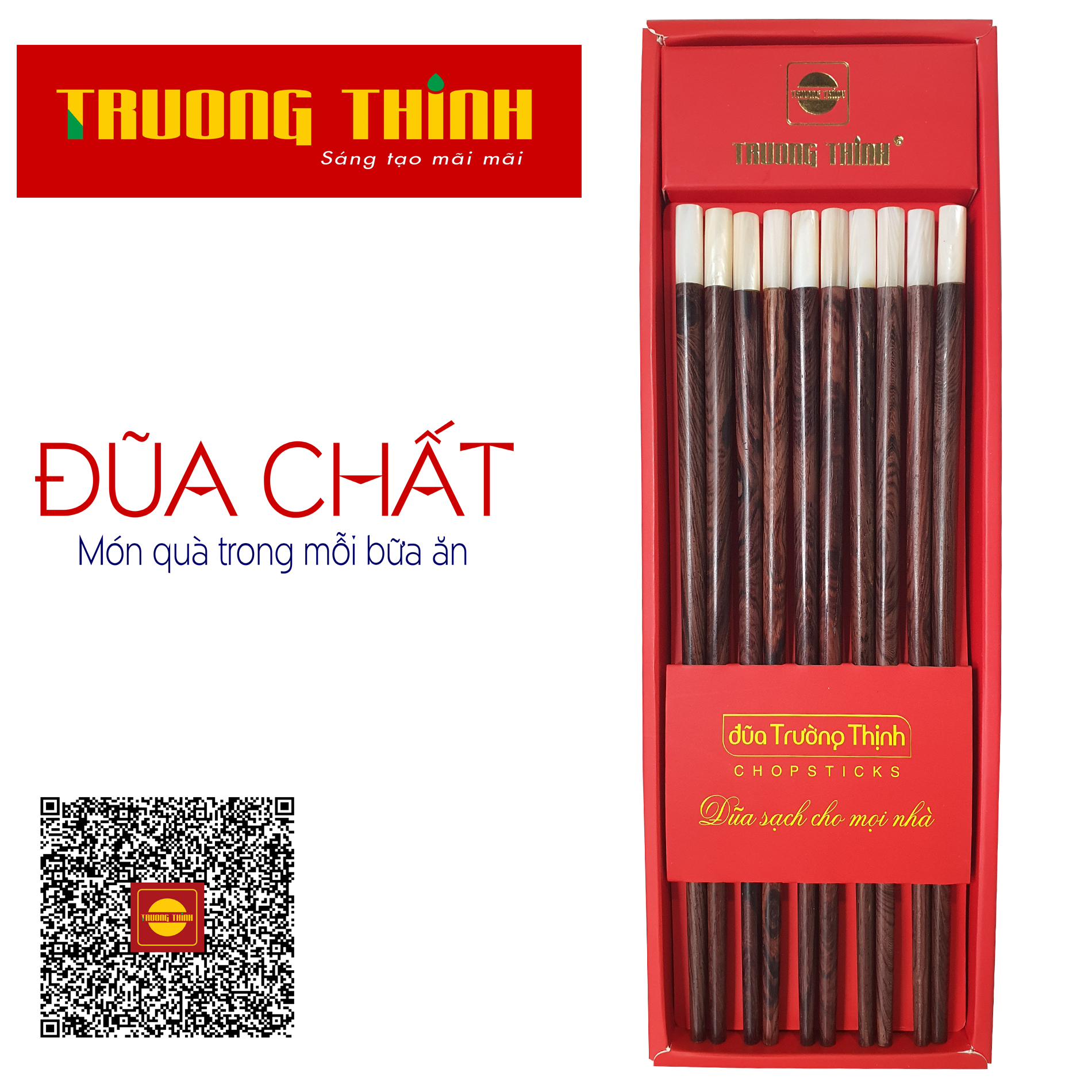 Đũa Gỗ Trắc Vân Đầu Gắn Ngọc Trắng Cao Cấp Trường Thịnh Chính Hãng/Đặc Biệt / Hộp Màu Đỏ/ 10 Đôi Tròn