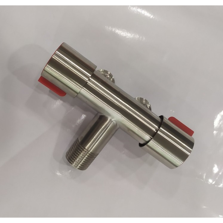 Vòi nước đơn lạnh thép không gỉ 304 2 van tay đỏ, xanh, 1 đầu nguồn, 2 vòi nước sử dụng trong nhà vệ sinh.