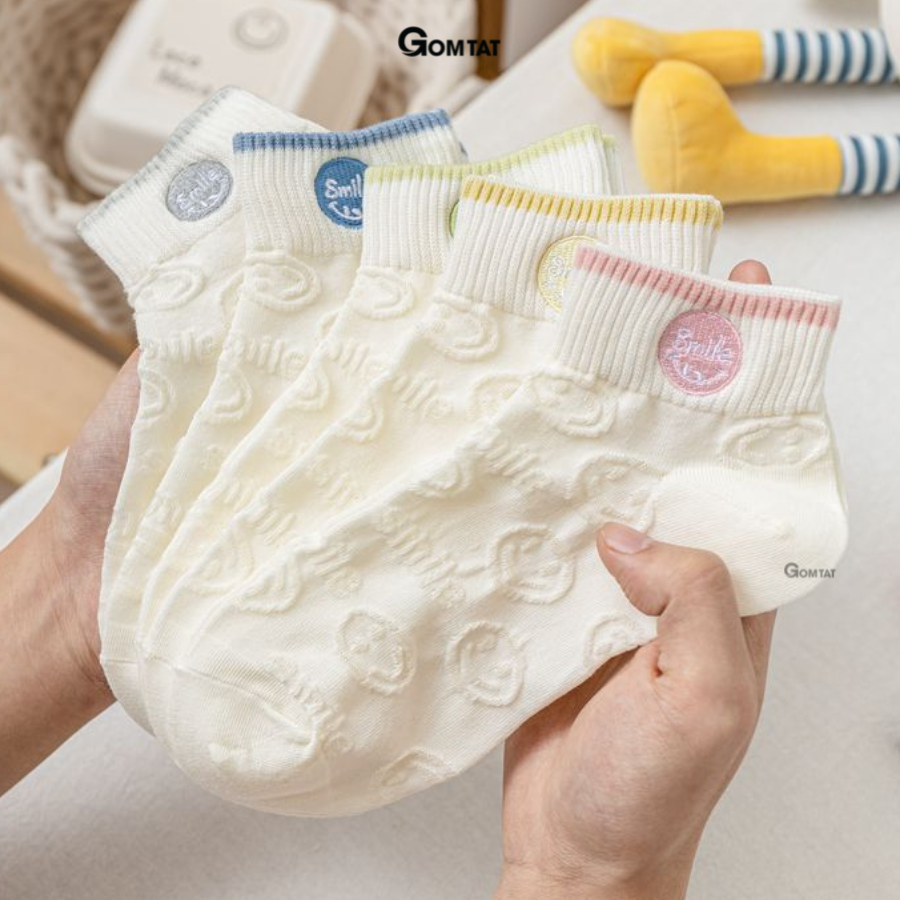 Set 5 đôi vớ nữ cổ ngắn xinh xắn họa tiết mặt cười, tất nữ cổ thấp chất liệu cotton mềm mỏng thoáng mát - CB092