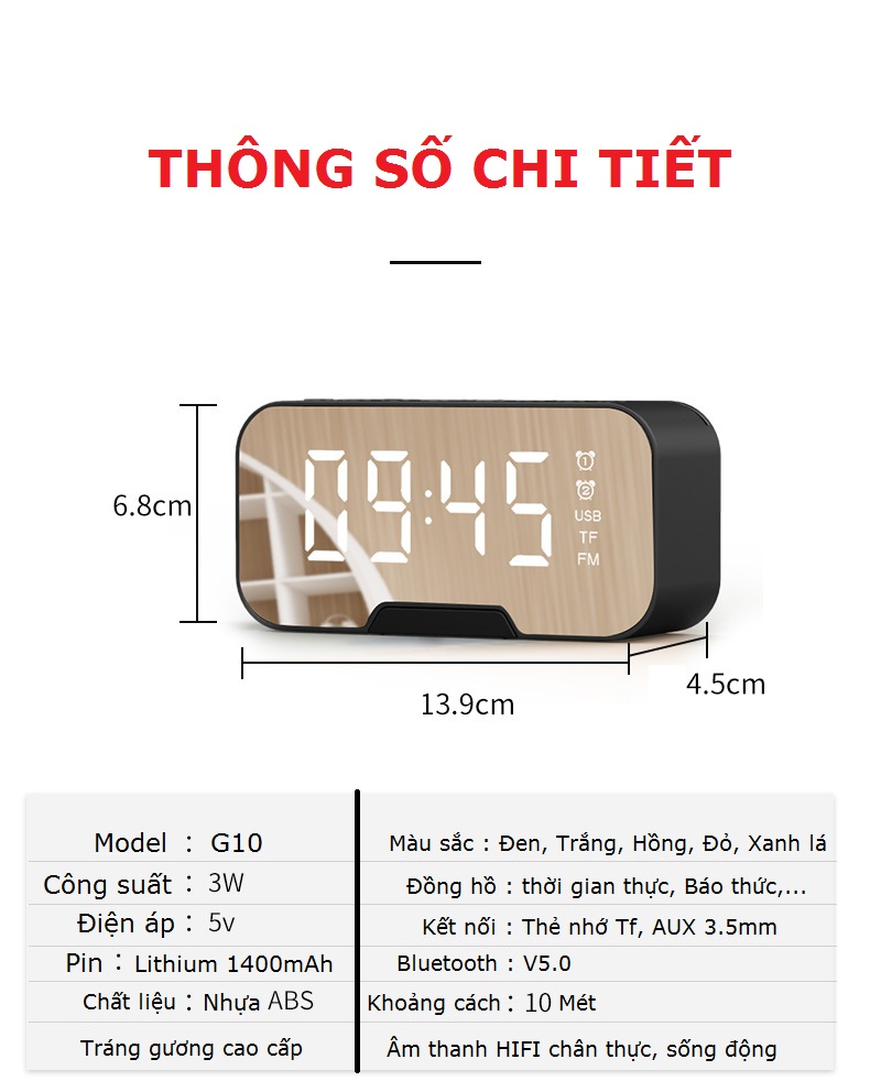 Loa bluetooth kiêm đồng hồ báo thức G10 màn hình tráng gương, màn hình kĩ thuật số, hiển thị đèn led nghe nhạc hay, hỗ trợ, USB, thẻ nhớ, đài fm radio, nhiều màu sắc - Hàng chính hãng