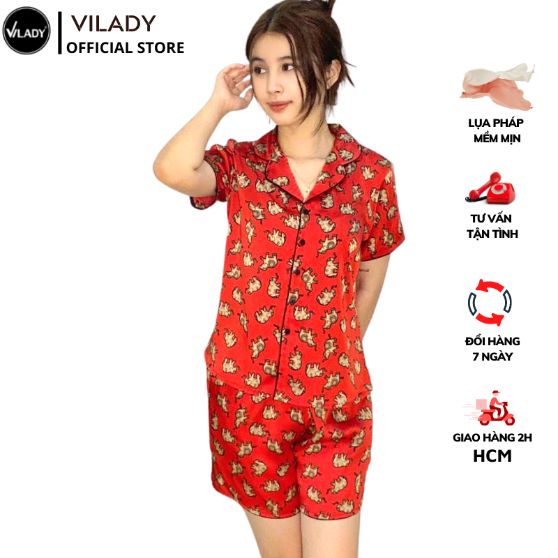 Đồ bộ pijama lụa, đồ mặc nhà nữ VILADY - B138 kiểu quần đùi tay cộc họa tiết con Voi siêu dễ thương, chất liệu lụa Pháp (lụa latin) - Màu đỏ