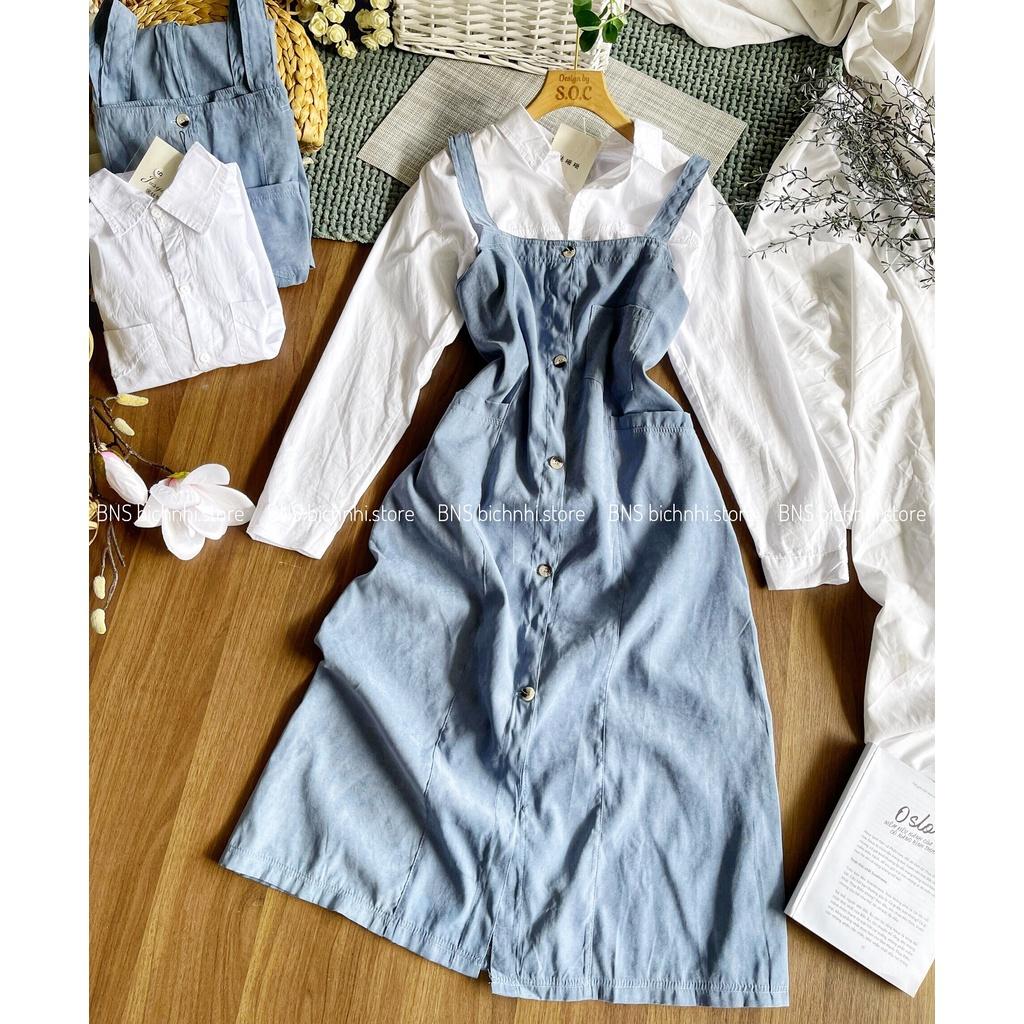 ĐẦM YẾM TIỂU THƯ CÀI NÚT TẶNG ÁO SƠ MI TAY DÀI - BUTTON FRONT OVERALL DRESS & SHIRT - BY BNS AKINA SET BNS007