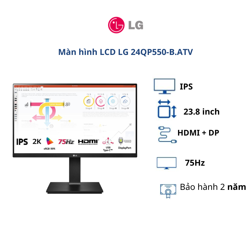 Màn hình LCD LG 23.8 inch 24QP550-B.ATV (WFHD| IPS| 75Hz| HDMI+DP)- BH chính hãng 24 tháng/ Hàng chính hãng