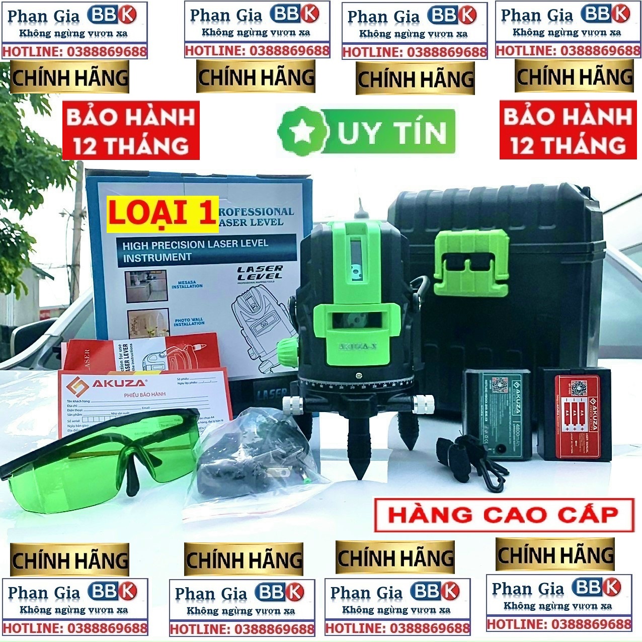 Máy cân bằng laser xanh 5 tia siêu sáng AKUZA ( Tặng chân 1m2)