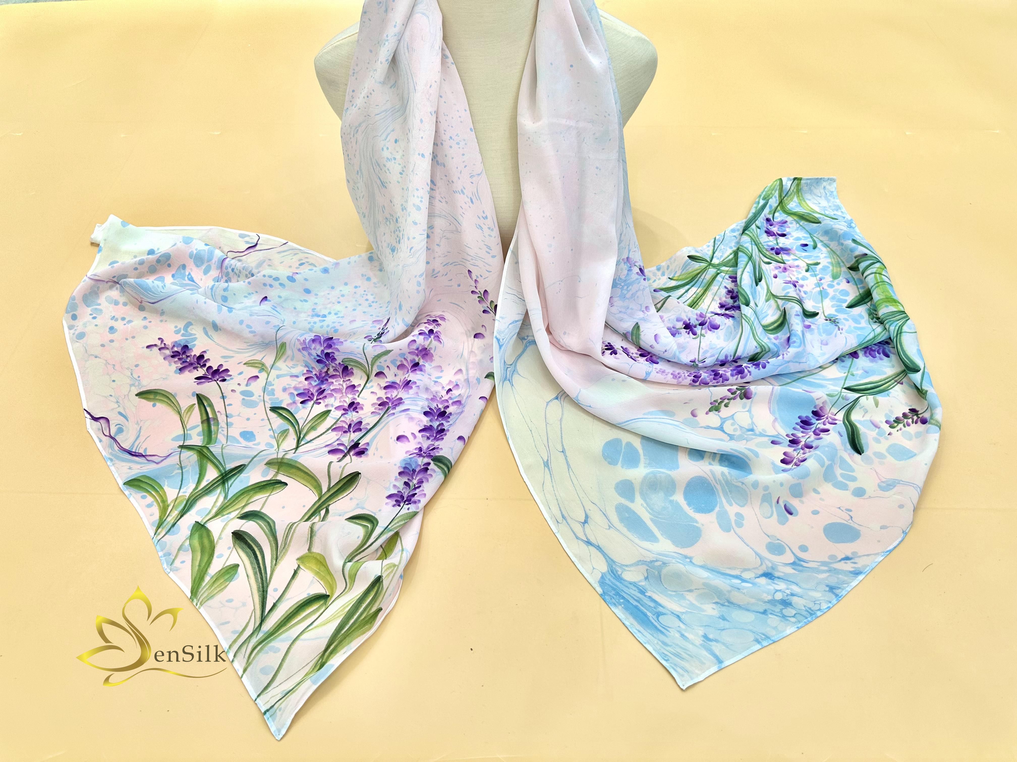 Khăn Lụa Thuỷ Ấn Sen Silk Lavender - Quà Tặng Cao Cấp - 100% Natural Silk Scarf Water Marbled Hand Painted - Girf for Her Bridemaid Friend Business - Best Silk Shawl Handmade