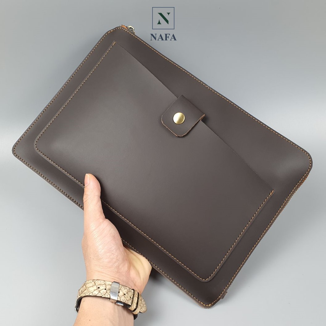 Clutch cầm tay nam, túi đựng macbook, ipad 12inch NAFA CL139 da bò sáp - màu nâu