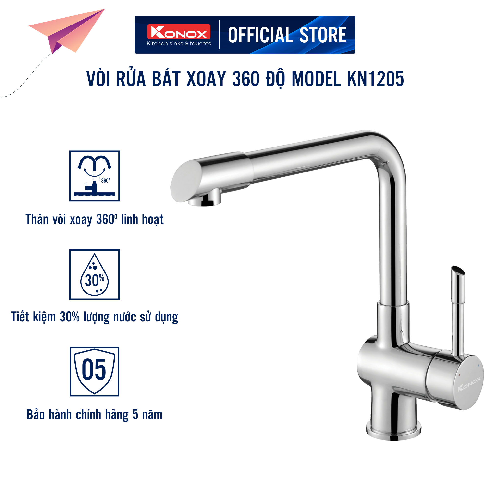 Vòi rửa bát Konox, Model KN1205 , Inox 304AISI tiêu chuẩn châu Âu, mạ PVD 5 lớp sáng bóng Hàng chính hãng