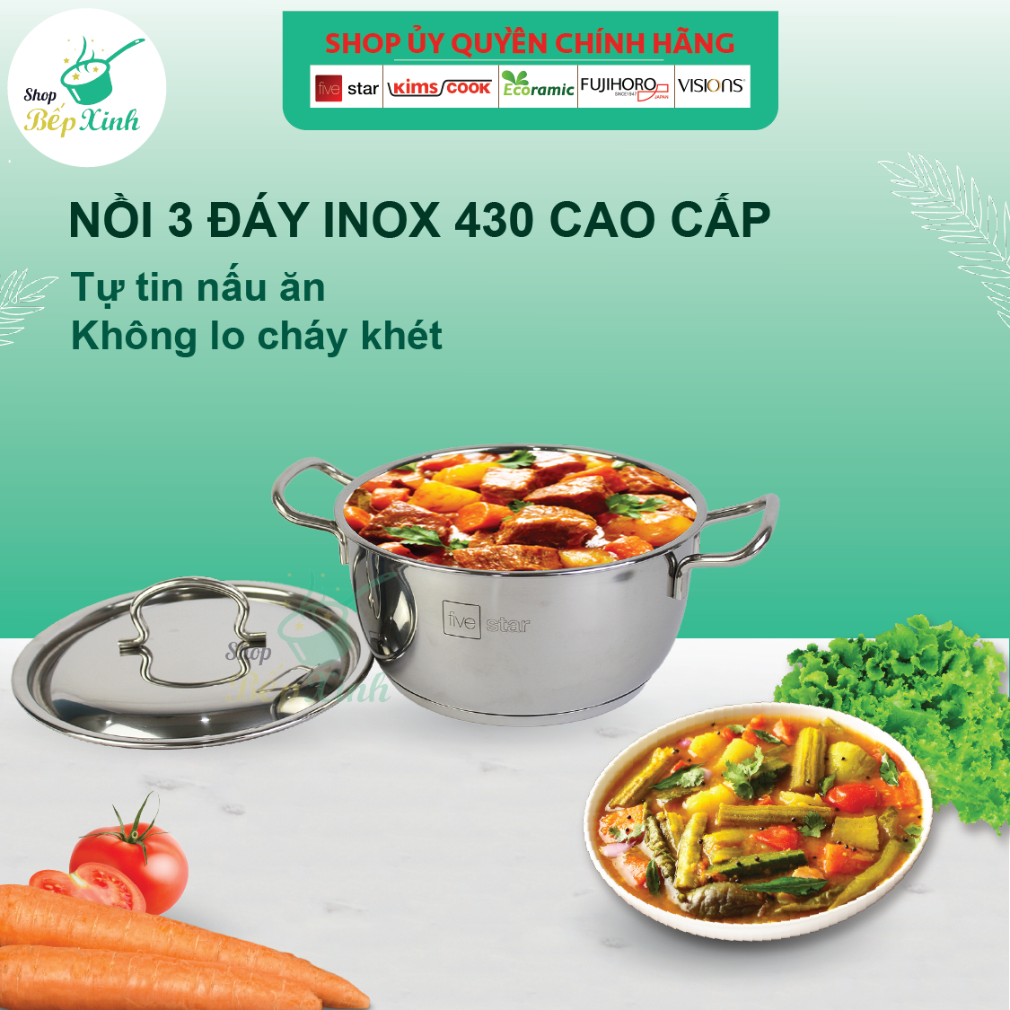 Bộ nồi xửng hấp quánh chảo caro inox 430 bếp từ 3 đáy Five Star 5 món