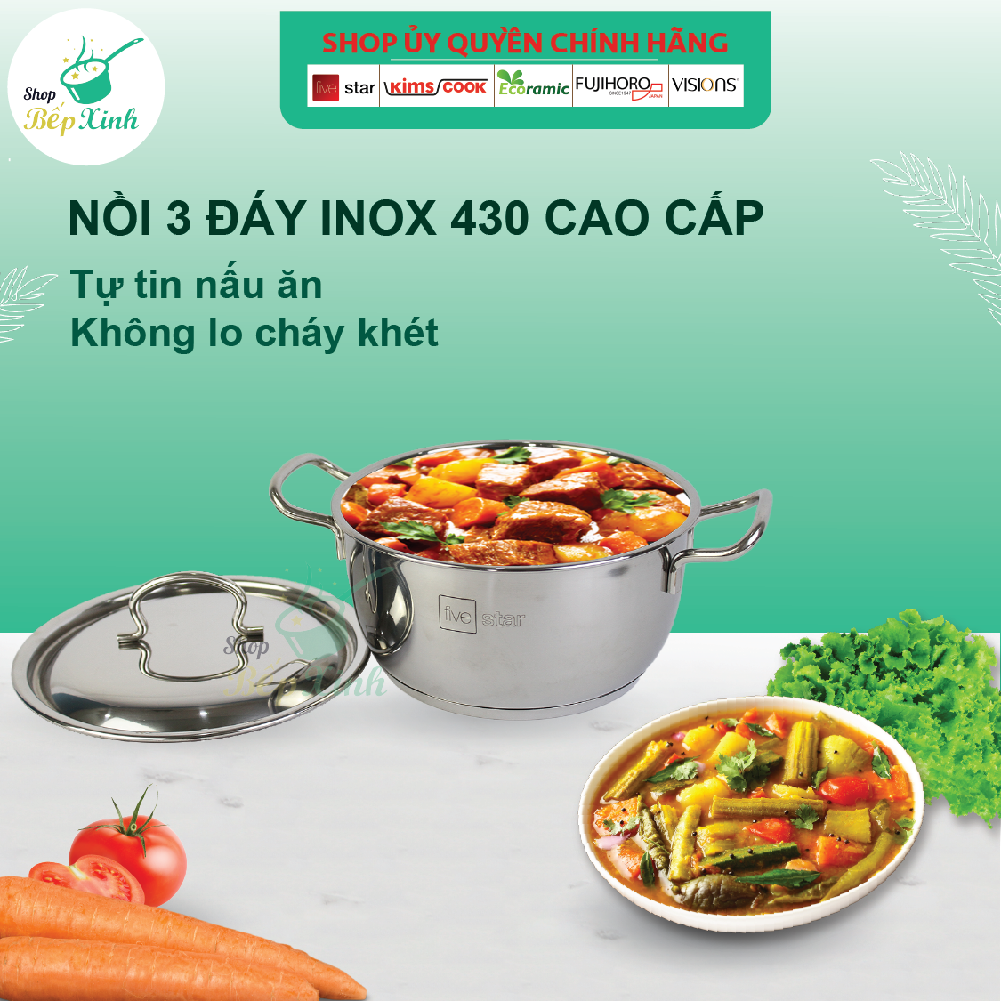 Bộ nồi inox FIVESTAR 5 chiếc 3 đáy bếp từ nắp inox