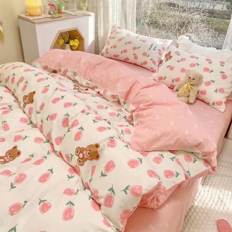 Bô Chăn Ga Gối Cotton Living 100%cotton Hàng Nhập Khẩu Cao Cấp 4 Món Hoa Nhí Hồng