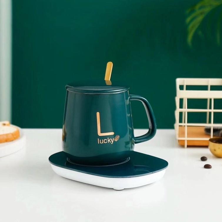 Cốc hâm nóng thông minh Lucky kèm đế điện và thìa mạ vàng cao cấp - Bộ đồ uống dùng được cho mọi loại cốc tiện dụng