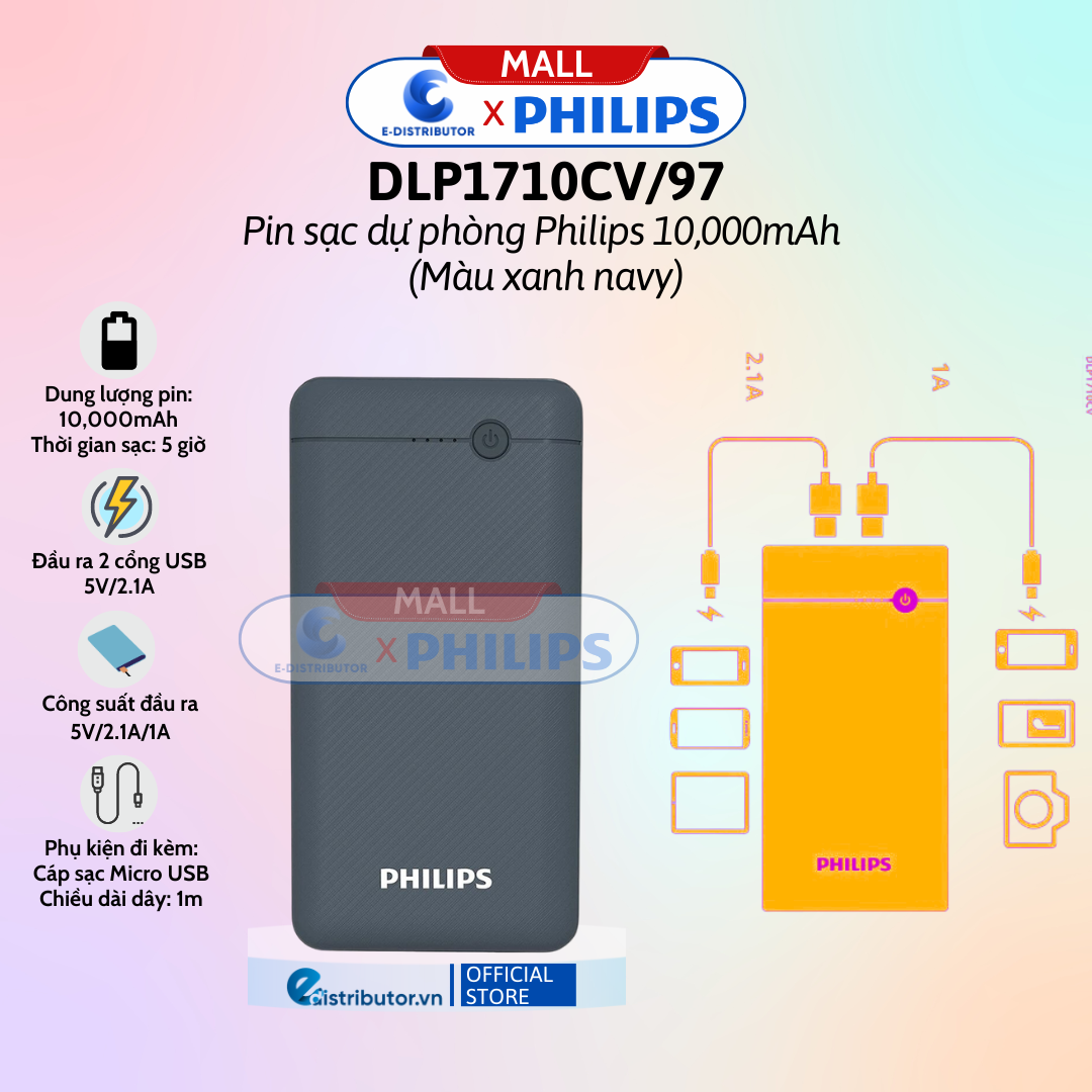 Pin Sạc Dự Phòng Philips 10,000mAh vỏ Kim Loại - 20,000mAh - Hàng Chính Hãng - Bảo Hành 12 Tháng
