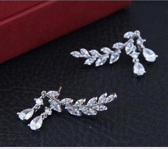 Bông tai bạc s925 nhành lá đá zircon