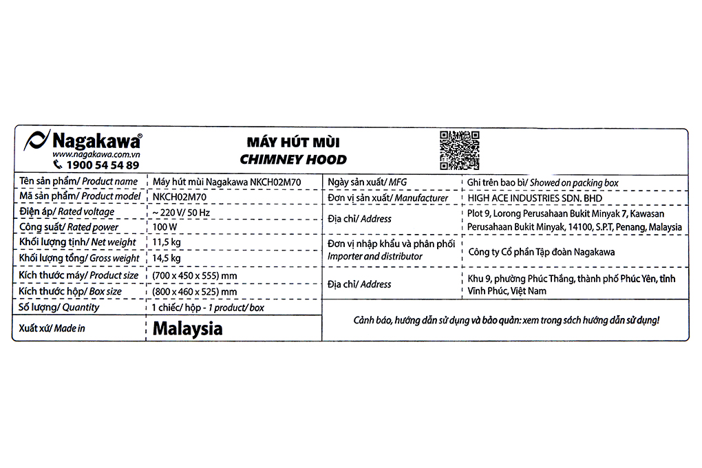 Máy Hút Mùi Cao Cấp Nagakawa NKCH02M70 - Hàng Nhập Khẩu Malaysia