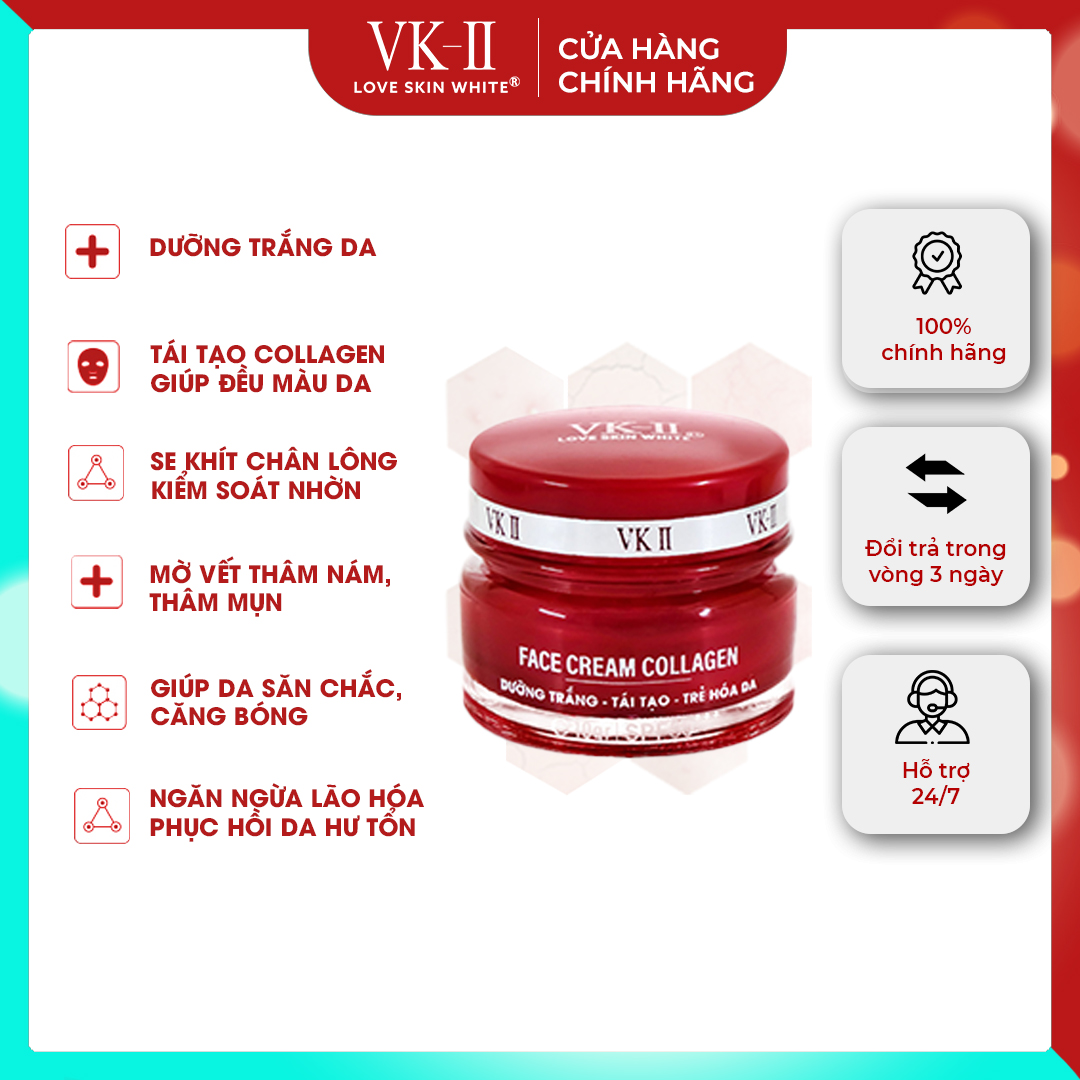 Kem dưỡng trắng, tái tạo và trẻ hóa da VK-II Love Skin White Face Cream Collagen 10g