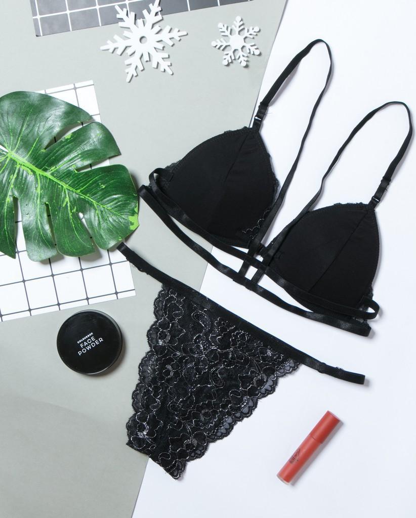 Bộ nội y ren bralette phong cách Vintage màu đen B011