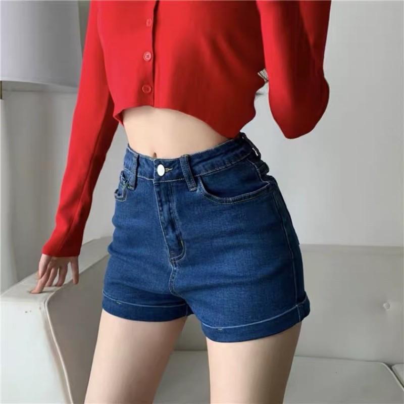 Quần short Jeans cạp cao co dãn phong cách Hàn Quốc