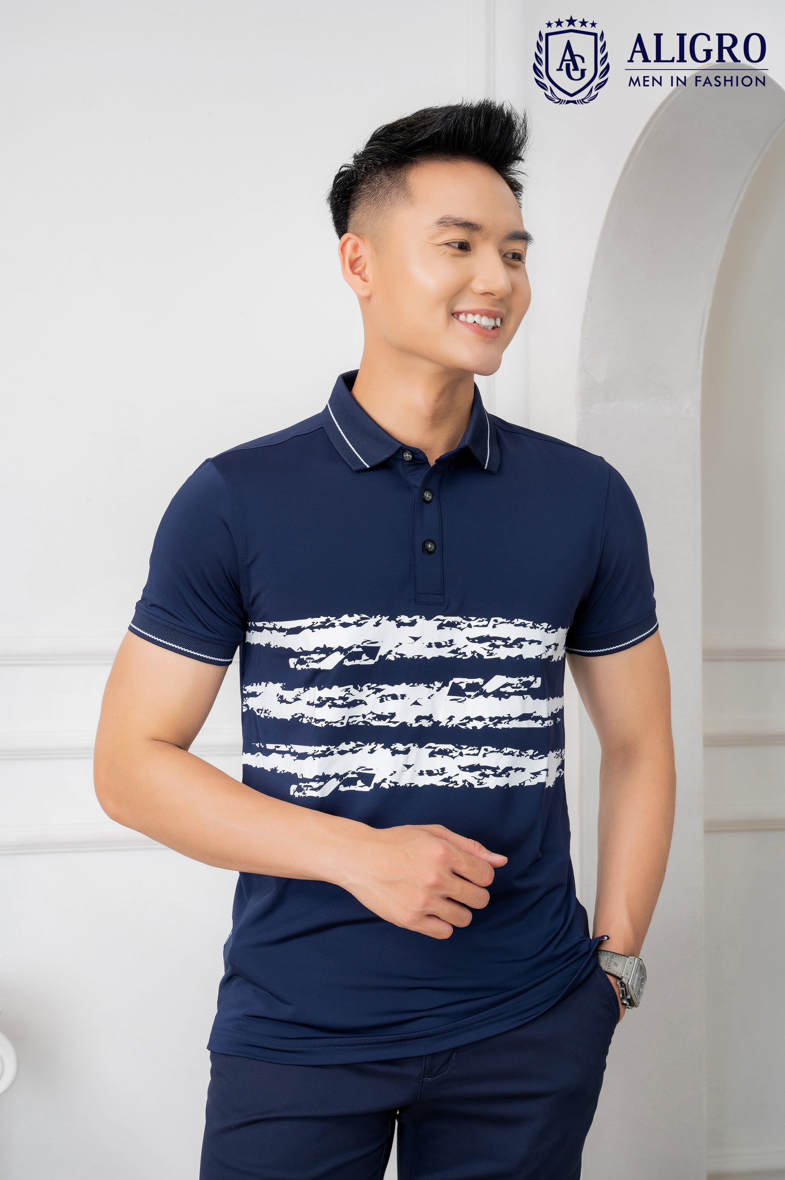 Áo Polo xanh navy phối kẻ ngang Aligro ALGPLO72