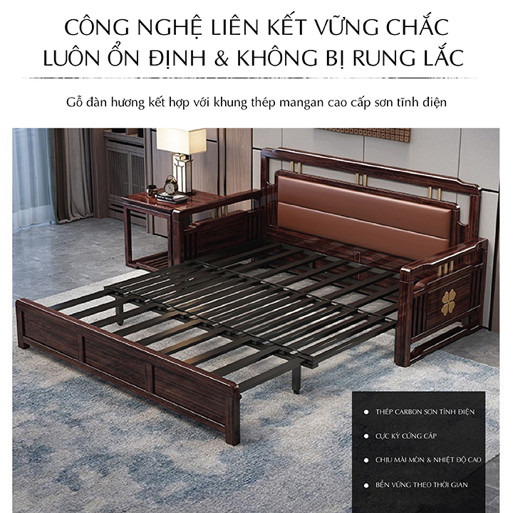 Ghế SoFa Giường Gấp Gọn Thông Minh, Giường Sofa Kéo Cao Cấp Tay Gỗ Tự Nhiên 3 Cấp Độ Gấp Gọn Có Túi Đựng Đồ Siêu Tiện Lợi