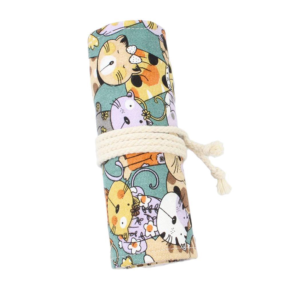 Canvas Pencil Wrap Roll up Case Hold for 36 Colored Pencils, Travel Carrying Organizer Holder,Great for Kids Adult - Cat Patterns