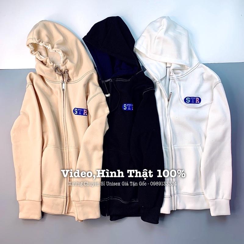 Áo khoác nam nữ nỉ bông dày form rộng chỉ viền unisex khoá zip thêu STR CHỈ-Áo Khoác Nỉ Bông Chống Nắng