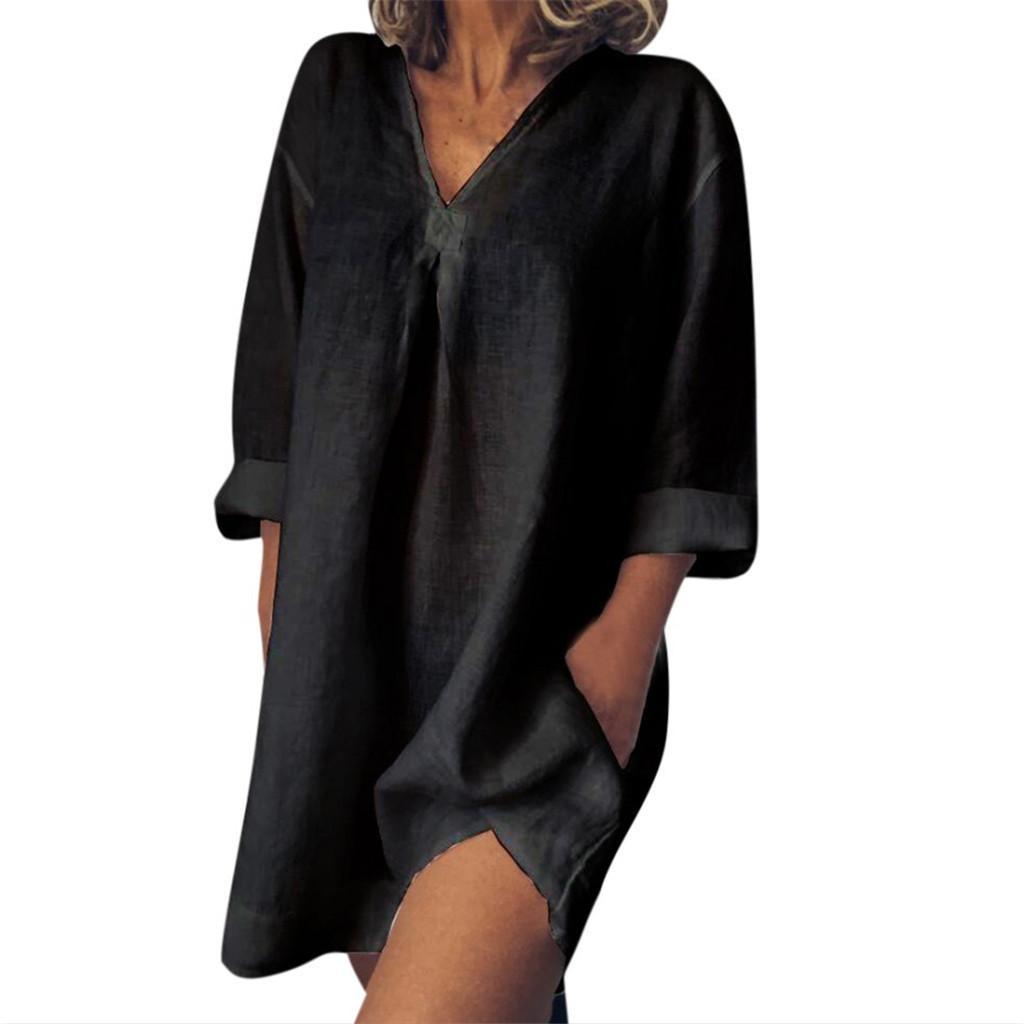 Blouse Loose Casual Neck V Shirt 3/4 Sleeves Top in Breathable Cotton Beach Cover Up Dress Beach
