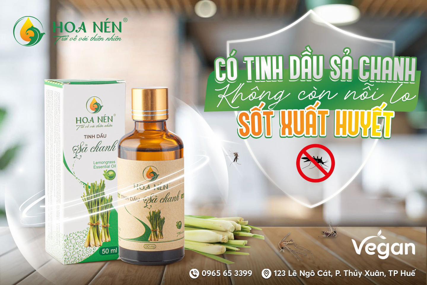 Tinh dầu Sả Chanh nguyên chất Hoa Nén 3ml - 100ml - Đuổi muỗi, khử mùi, giải cảm